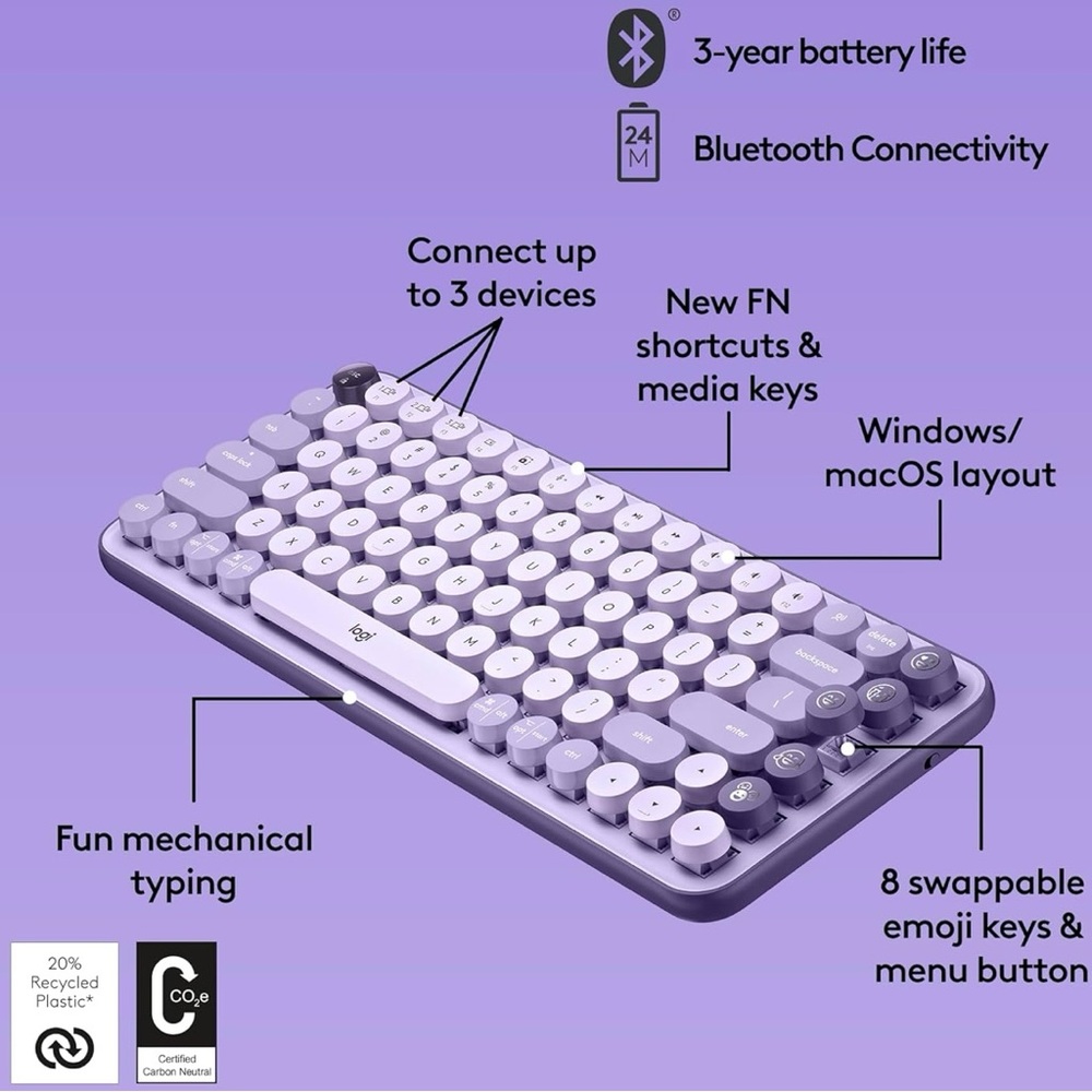 Logitech Purple Wireless Retro Round-Key Keyboard - Picture 7 of 11